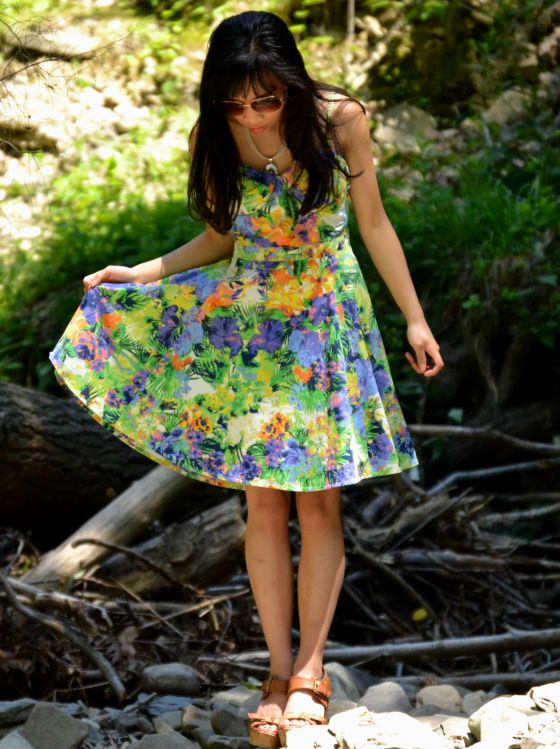 tropical paradise full skirt cut out floral bright color dress aviators wedge heels  coral lipstick